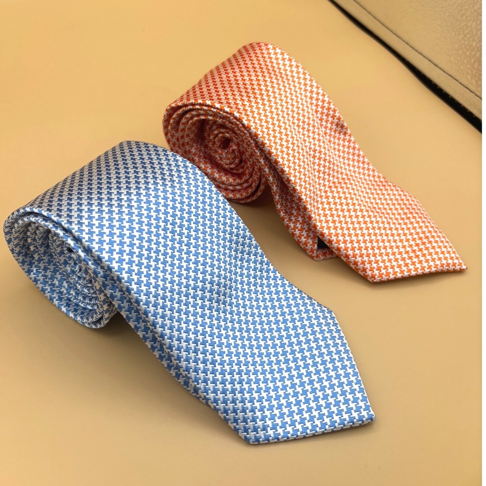 Paul Fredrick Mens Silk‎ Necktie Lot of 2 Orange Blue Houndstooth Woven Ties